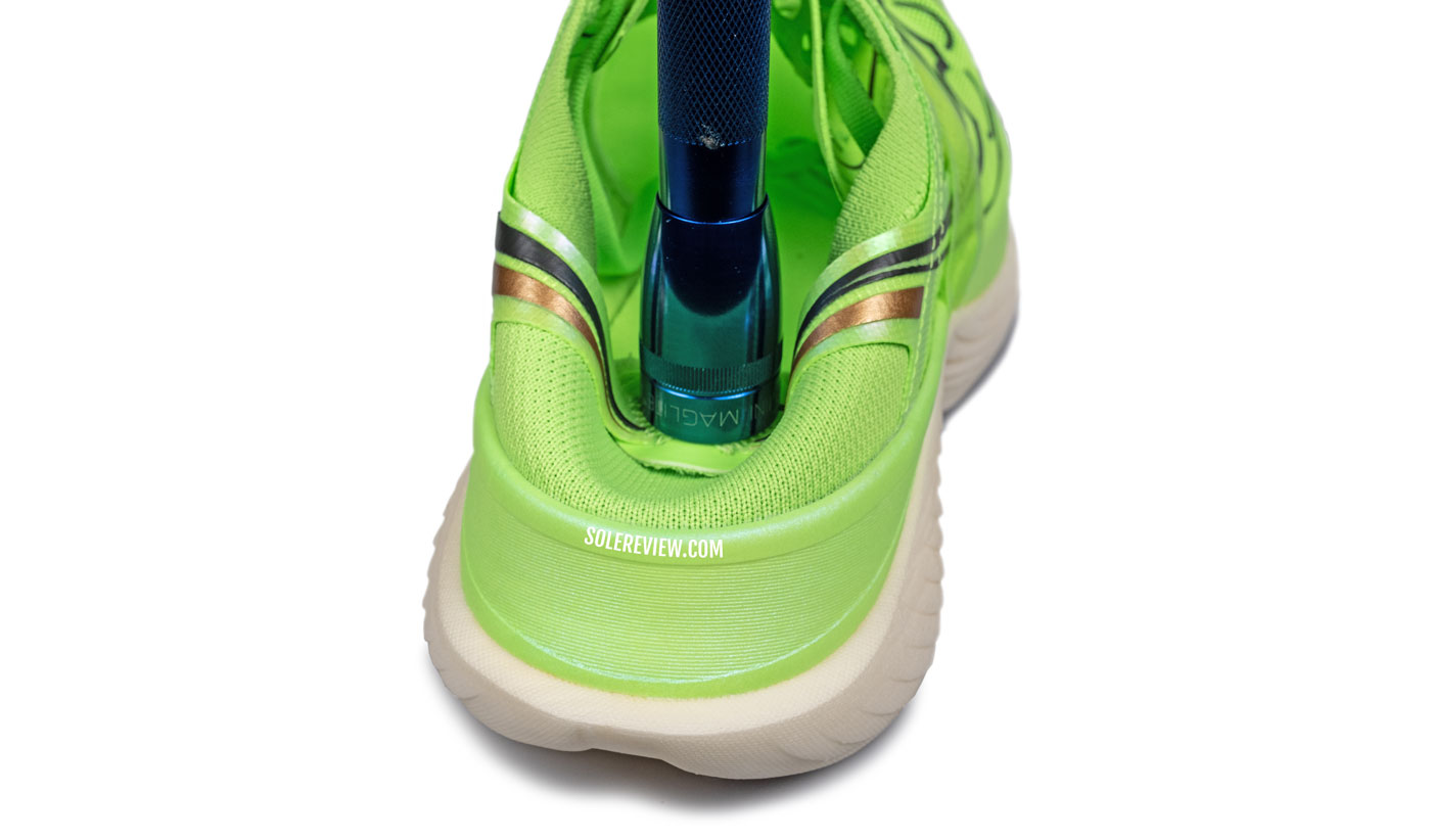 The collapsible heel of the Saucony Endorphin Elite.
