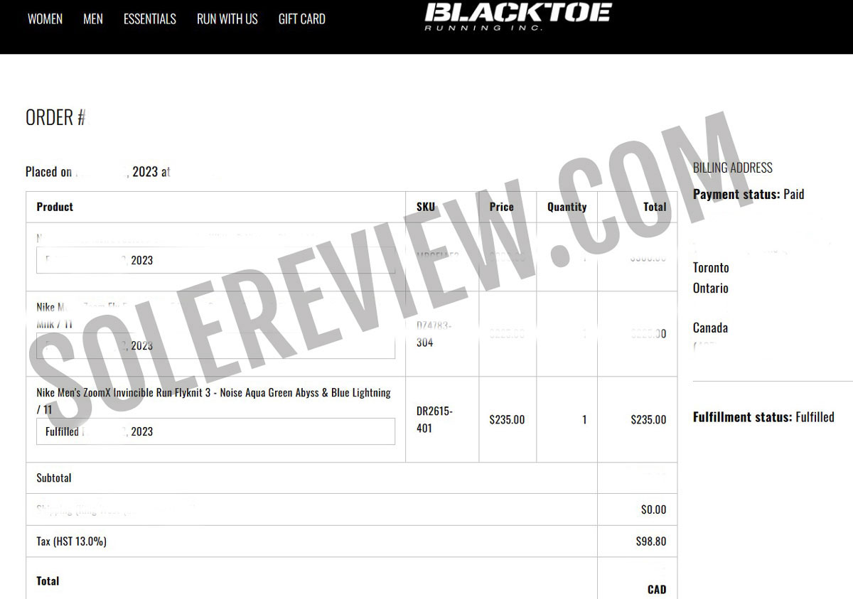 Proof of purchase for the Nike Invincible 3.