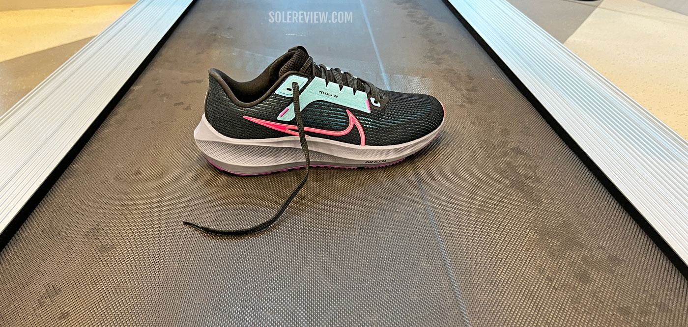 The Nike Pegasus 40 on a treadmill.