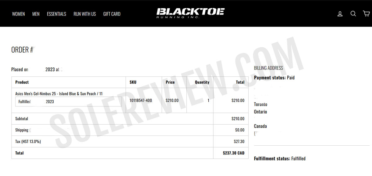 The proof of purchase for the Asics Nimbus 25.