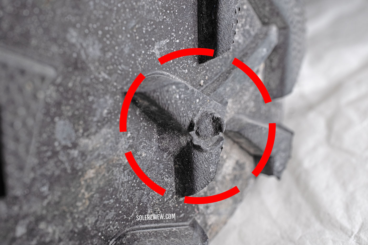 The worn down outsole lug on the Salomon Snowcross.