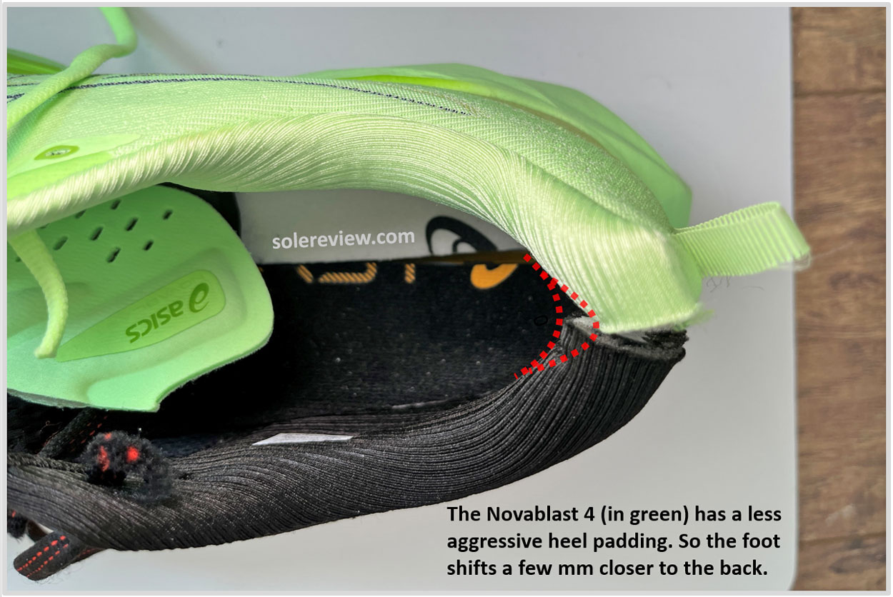 The heel collar of the Asics Novablast 4 versus Novablast 3.