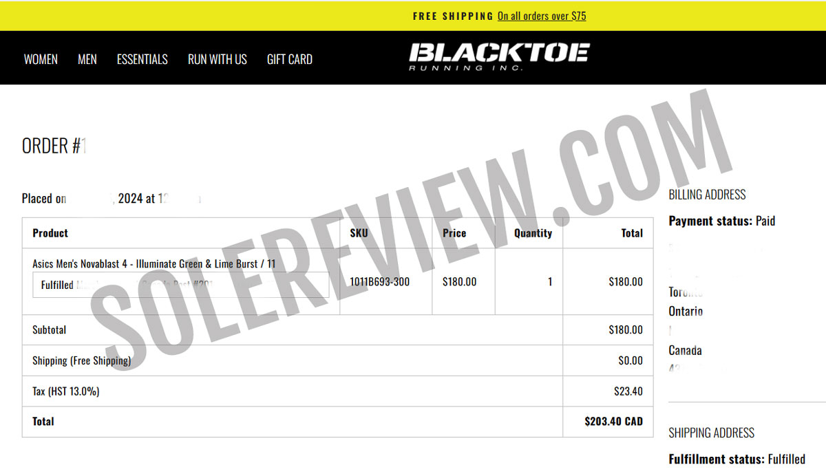Proof of purchase for the Asics Novablast 4.