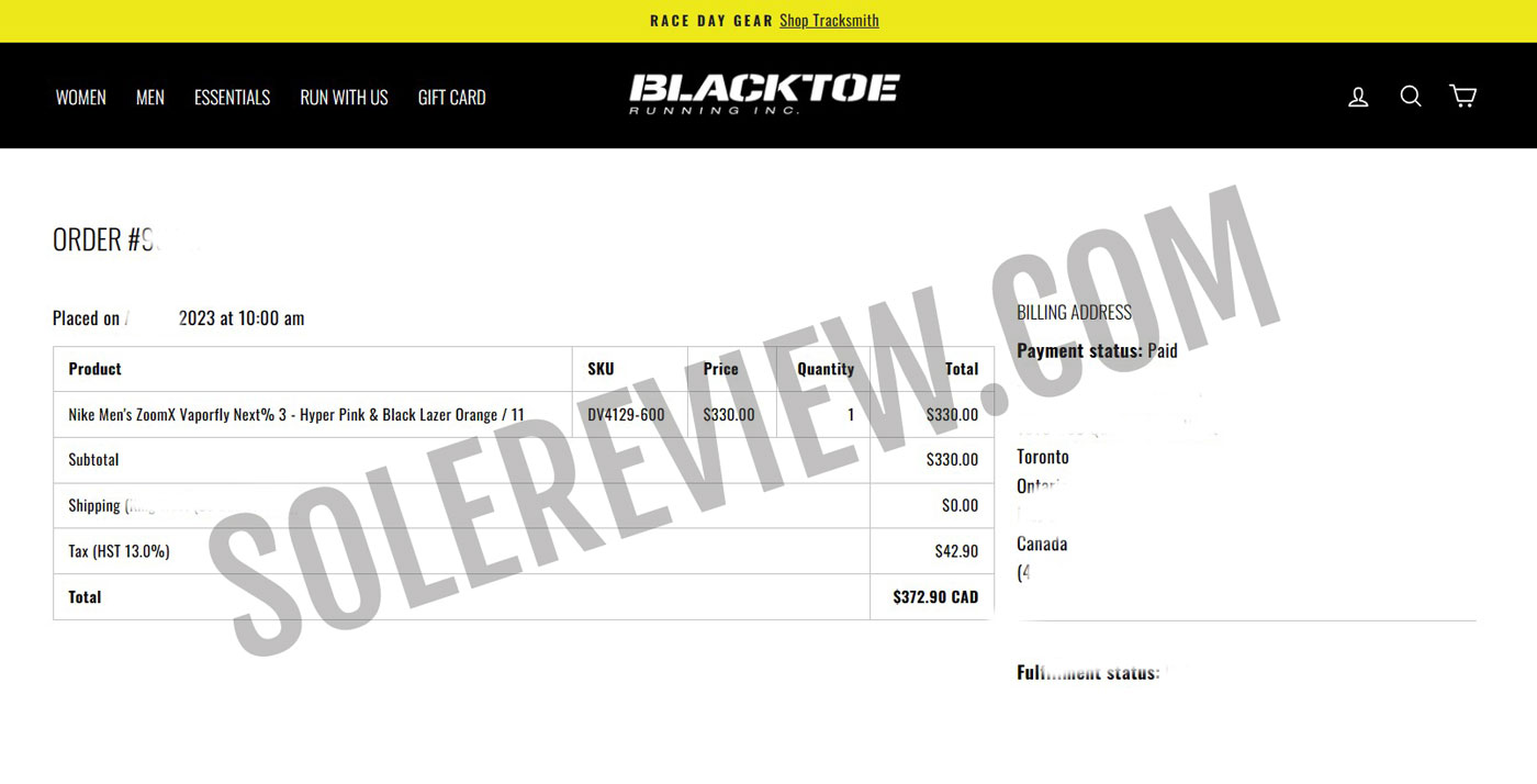 Proof of purchase for the Nike Vaporfly 3.