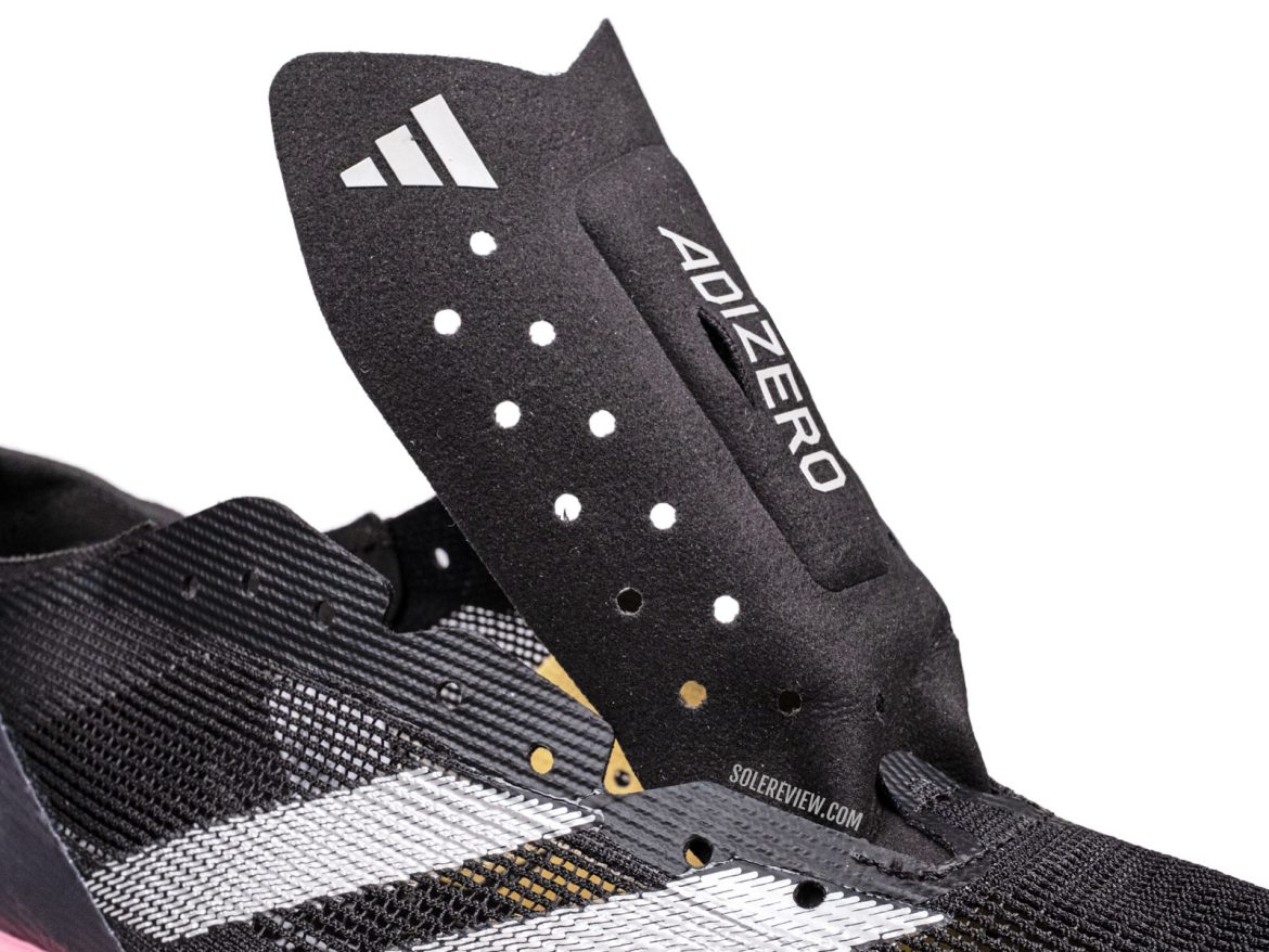 The tongue of the adidas Takumi Sen 10.