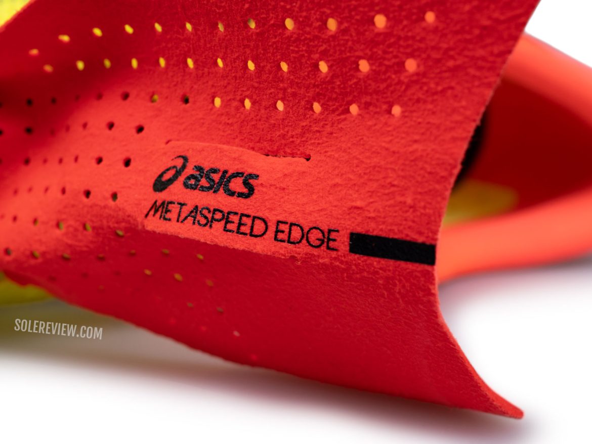 The perforated tongue of the Asics Metaspeed Edge Paris.