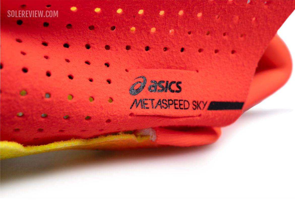 The tongue of the Asics Metaspeed Sky Paris.