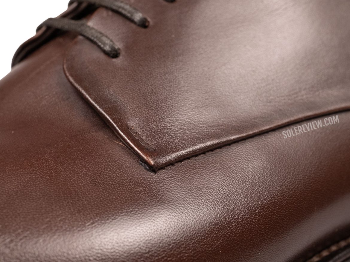 The folded quarter panels of the Ferragamo Tramezza Derby.