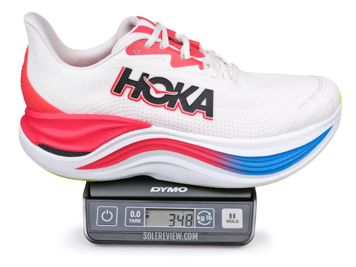 The Hoka Skyward X on a scale.