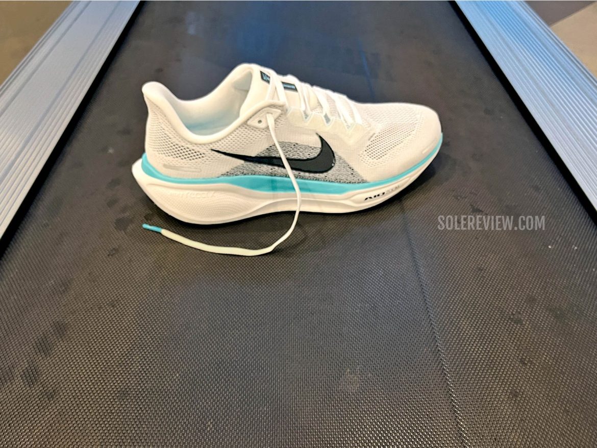 The Nike Pegasus 41 on a treadmill.