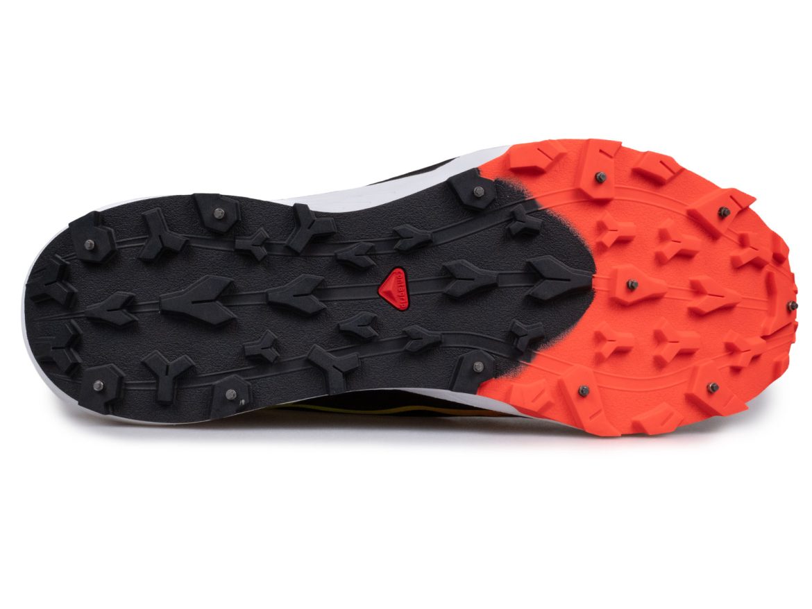 The spiked outsole of the Salomon Wintercross Spike.