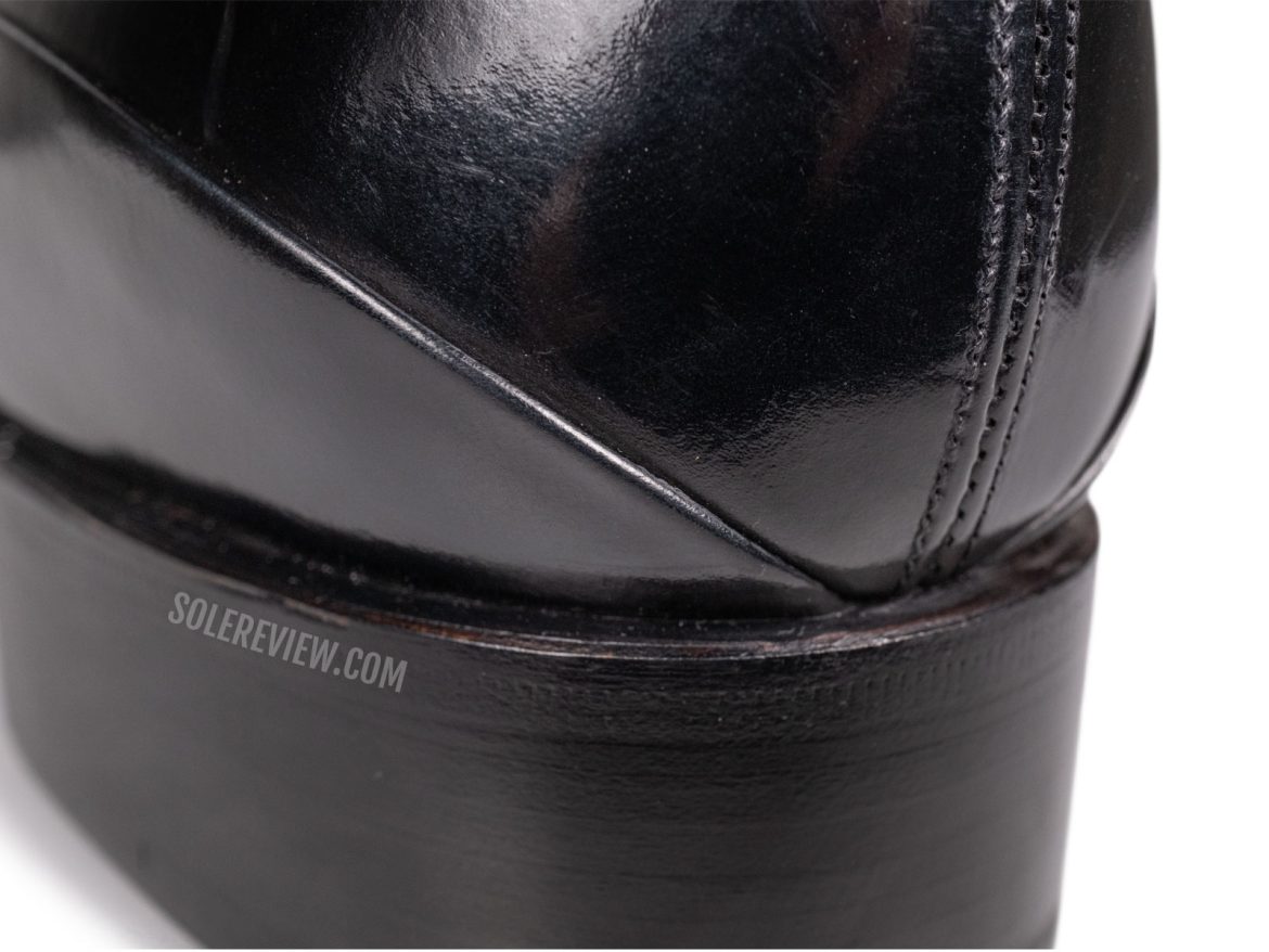 The folded edges of the Santoni Limited Edition shoe.