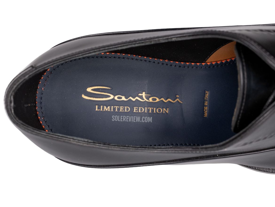 The leather footbed of the Santoni Limited Edition shoe.