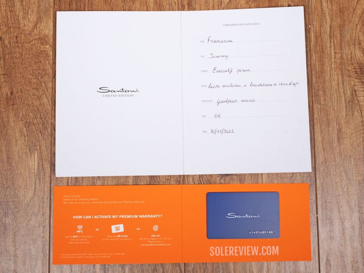 The warranty card of the Santoni Limited Edition shoe.