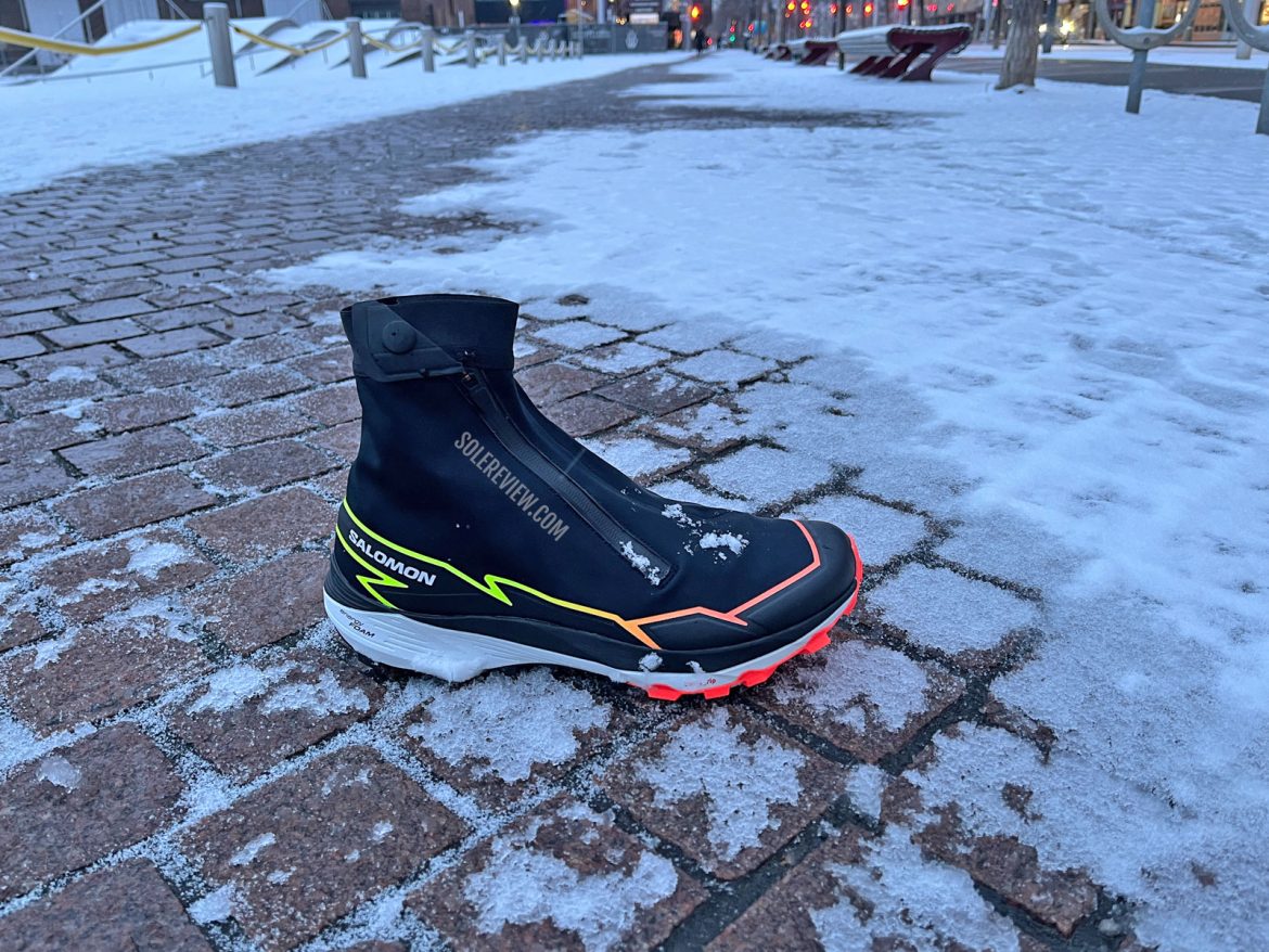 The Salomon Wintercross Spike on frozen sidewalks.