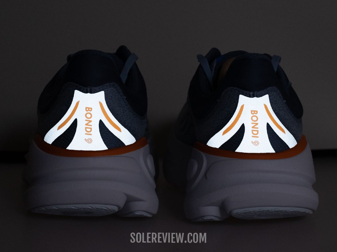 The reflective details of the Hoka Bondi 9.