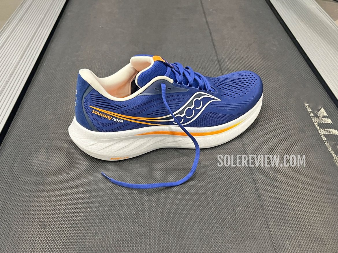 The Saucony Ride 18 on a treadmill.