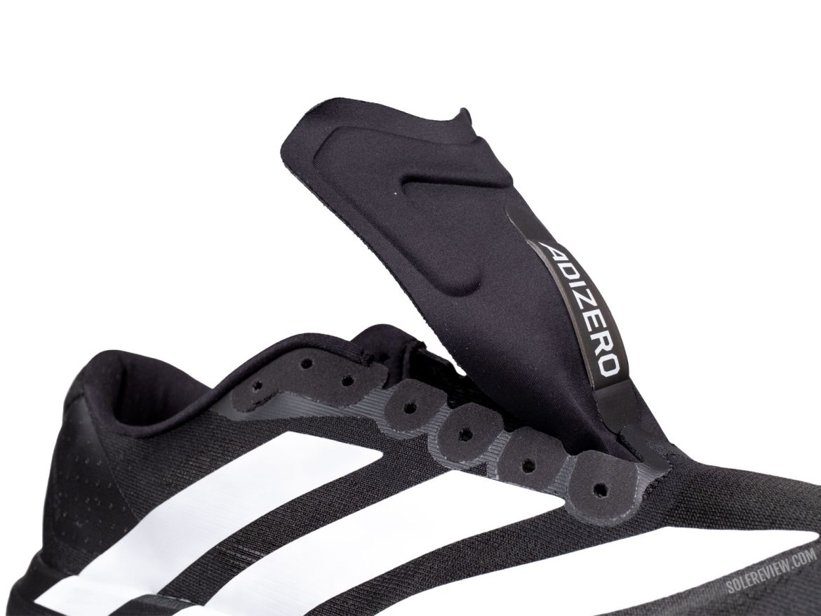 The freestanding tongue of the adidas adizero EVO SL.