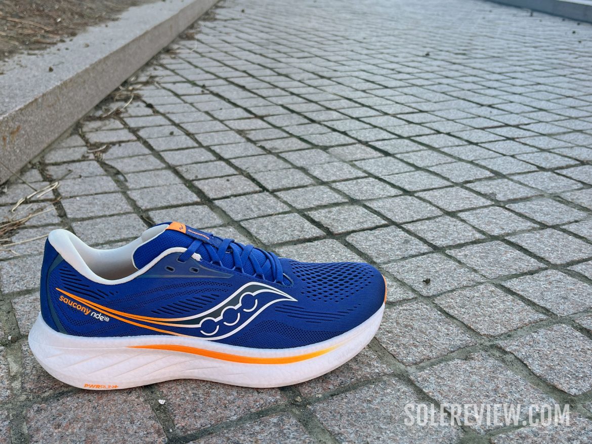 The Saucony Ride 18 in the outdoors.