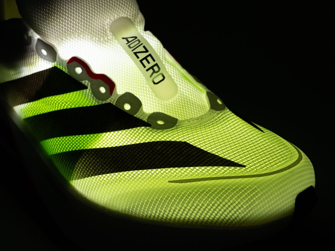 The lit-up upper of the adidas Boston 13.