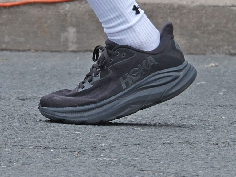The Hoka Clifton 10 during heel strike.