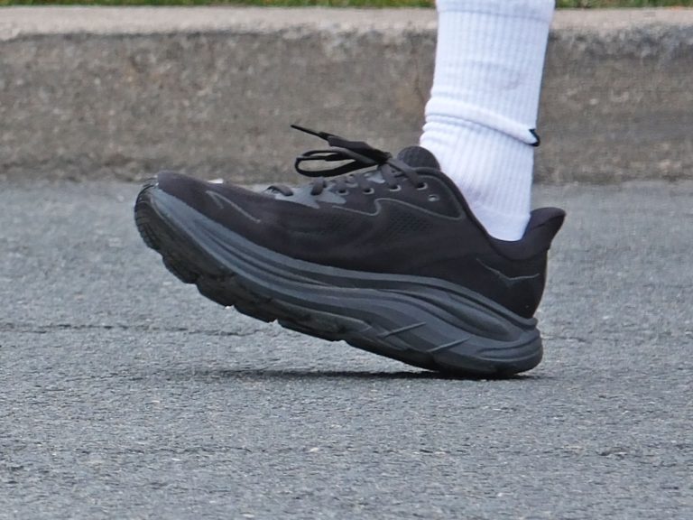 The Hoka Clifton 10 during heel strike.