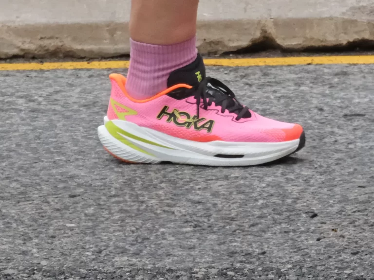 Women's Hoka Mach X3 on the road.