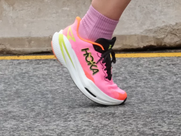 Women's Hoka Mach X3 on the road.
