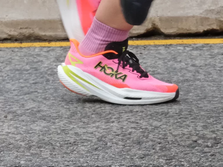 Women's Hoka Mach X3 on the road.