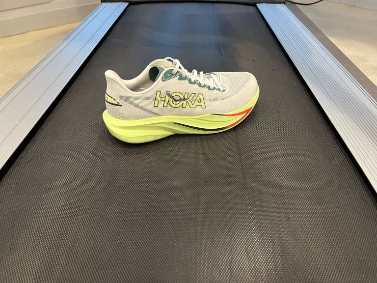 The Hoka Mach 7 on a treadmill.
